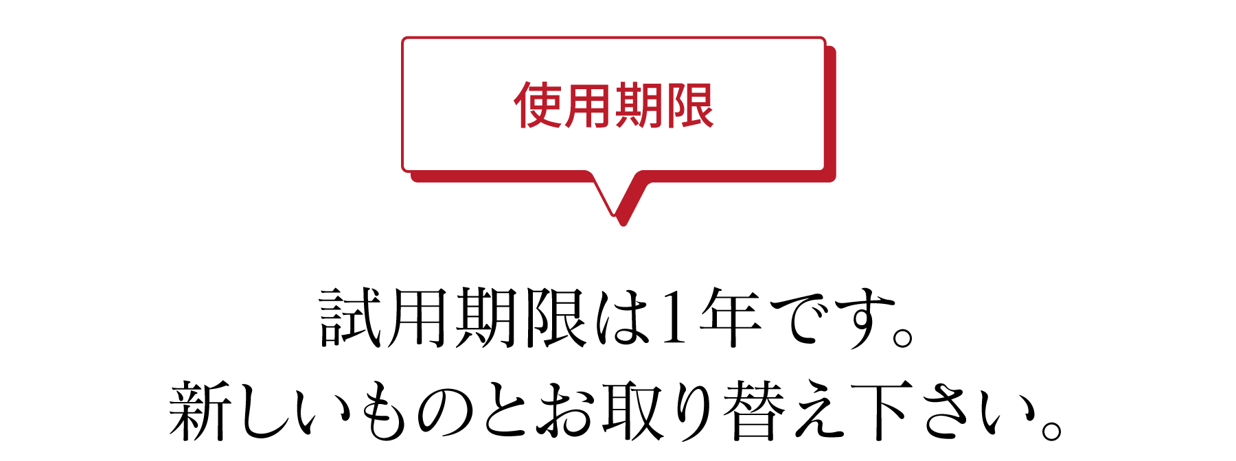 使用期限 試用期限は1年です。新しいものとお取り替え下さい。